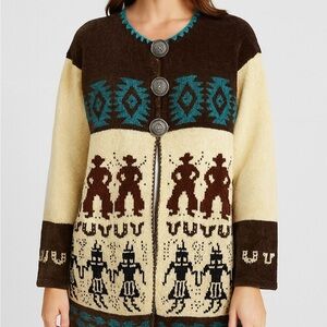 HILARY SMITH Southwestern Cowboy Chenille Tribal Cardigan Sweater Concho Buttons